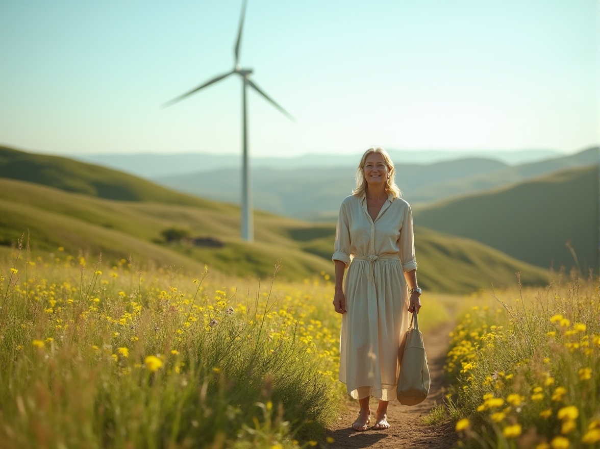 Prompt: Eco-friendly villa, grassland environment, mature lady (35yo), casual wear, linen shirt, flowy maxi skirt, barefoot, holding a reusable bag, standing near a wind turbine, surrounded by wildflowers, green hills, clear blue sky, warm sunlight, panoramic view, 3/4 composition, soft focus, natural lighting, relaxed atmosphere.