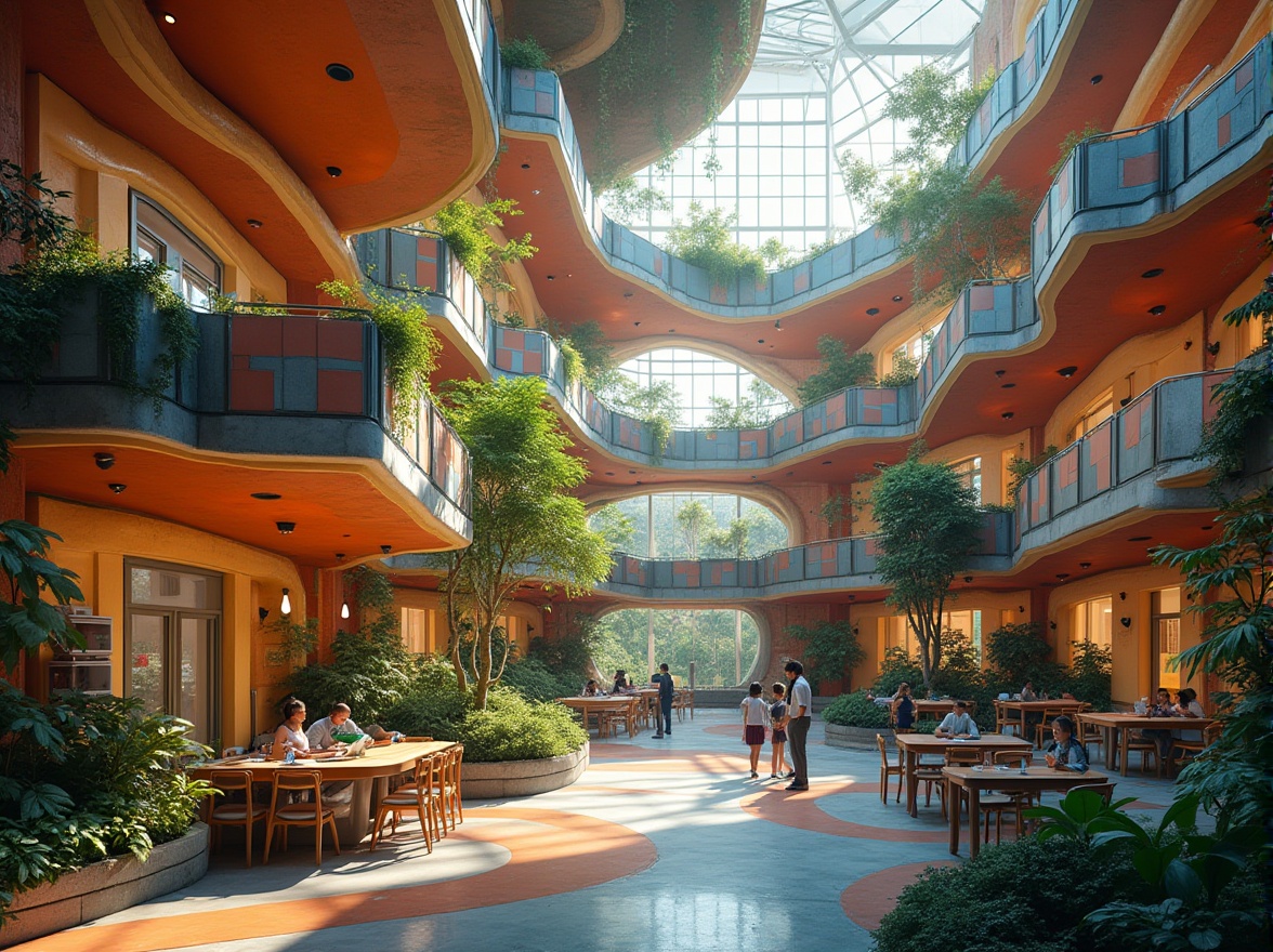 Prompt: School building, Metabolism architecture style, vibrant colors, intricate structures, irregular shapes, futuristic feel, abstract patterns, metallic materials, glass walls, spiral staircases, open spaces, natural light pouring in, lush greenery, diverse plants, students interacting, learning atmosphere, warm ambient lighting, soft focus, 3/4 composition, shallow depth of field.