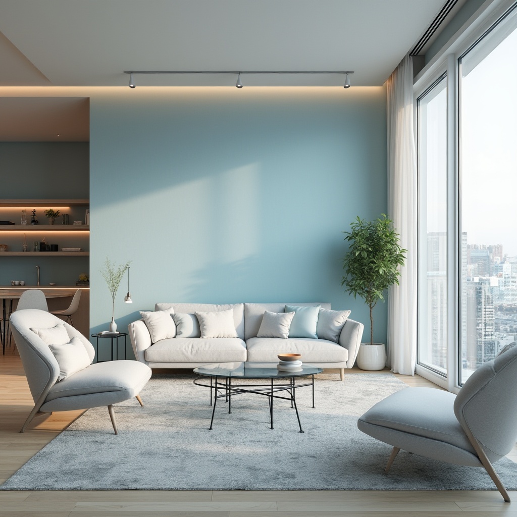 Prompt: Modern living room, minimalist style, baby blue accent wall, sleek lines, low-profile furniture, glass coffee table, geometric-patterned rug, floor-to-ceiling windows, cityscape view, daytime, soft natural light, subtle shadows, 3/4 composition, shallow depth of field, pastel color palette, calming atmosphere, Scandinavian interior design, wooden floors, built-in shelves, LED lighting, ambient glow.