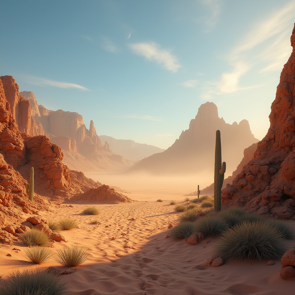 Prompt: ocher color, desert landscapes, majestic sand dunes, endless blue skies, rugged rocky formations, succulents, cacti, vast open spaces, warm golden lighting, soft haze, sandy textures, detailed rock structures, atmospheric perspective, cinematic composition, low-angle shot, dramatic shadows.