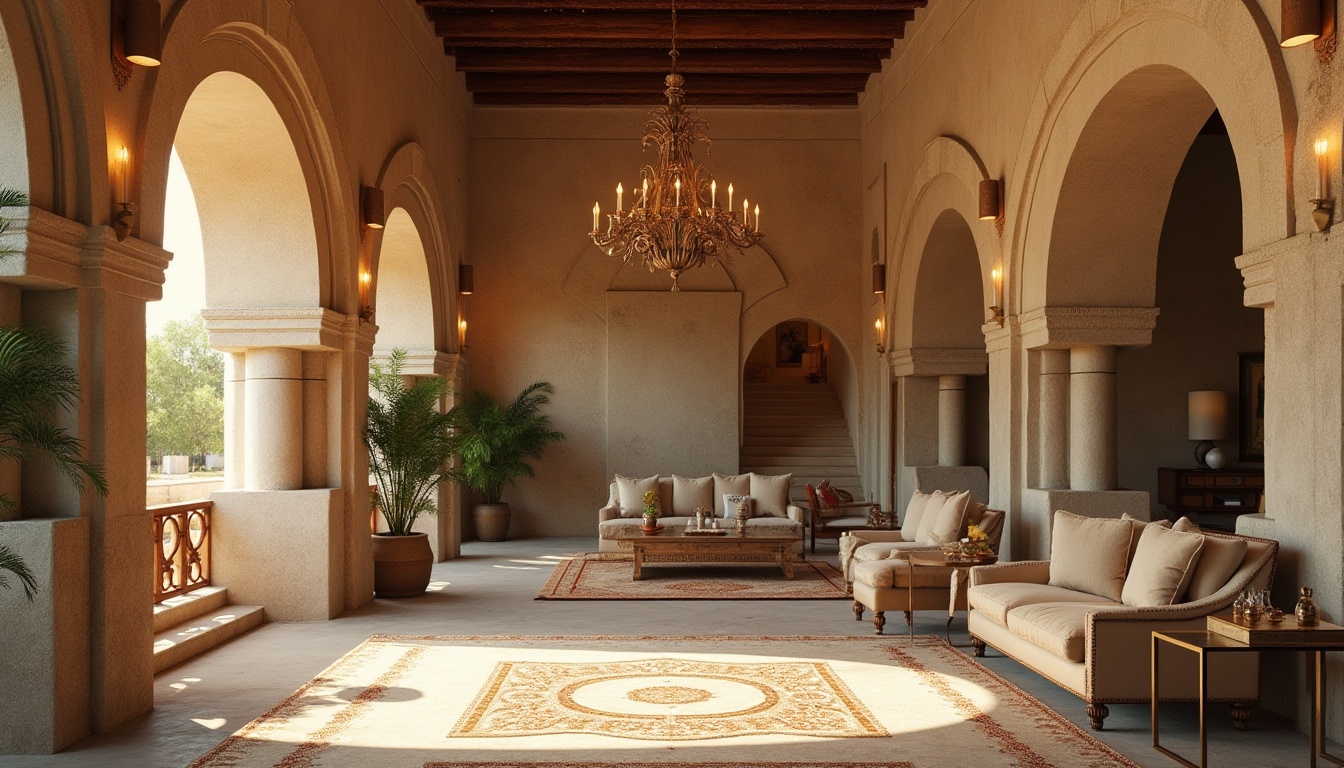 Prompt: Limestone material, eclectic design, luxurious villa, Mediterranean style, ornate columns, grand entrance, warm beige color, rough texture, natural pattern, subtle sheen, vintage furniture, distressed wood, velvet upholstery, Moroccan tiles, intricate patterns, lavish chandelier, dramatic staircase, warm ambient lighting, 3/4 composition, soft focus, cinematic mood.