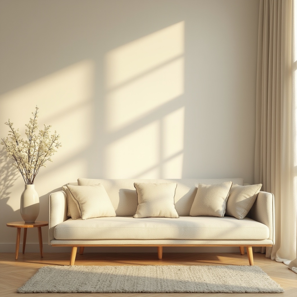 Prompt: Cream color wall, cozy living room, warm ambiance, soft lighting, comfortable couch, plush throw pillows, wooden coffee table, vase with white flowers, gentle curtain draping, delicate lace trim, subtle texture, calm atmosphere, intimate setting, peaceful mood, morning sunlight, natural tone, minimalist decor.