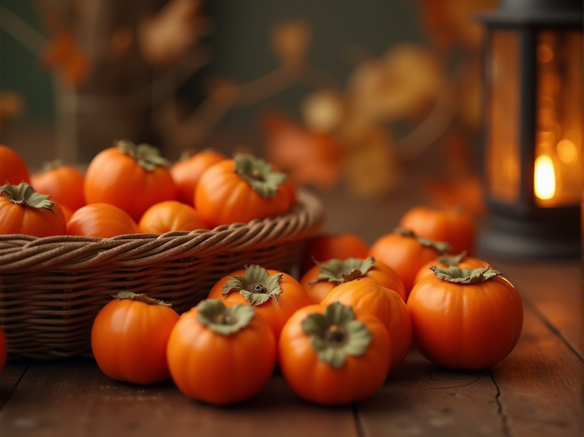 Prompt: Warm persimmon color, cozy atmosphere, autumn season, harvest time, ripe persimmons, wooden table, woven basket, vintage lantern, soft candlelight, intimate gathering, family reunion, Thanksgiving dinner, warm lighting, shallow depth of field, blurred background, rustic decor, natural texture, earthy tone, inviting ambiance, sense of togetherness.