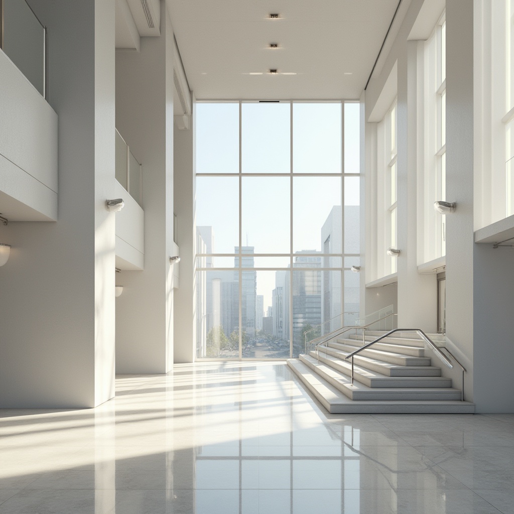 Prompt: Modern public administration building, minimalistic architecture, clean lines, simple shapes, white walls, large windows, natural light, open spaces, sparse decorations, elegant chandeliers, marble floors, stainless steel handrails, subtle textures, calm atmosphere, urban surroundings, cityscape views, afternoon sunlight, soft shadows, 3/4 composition, realistic rendering.