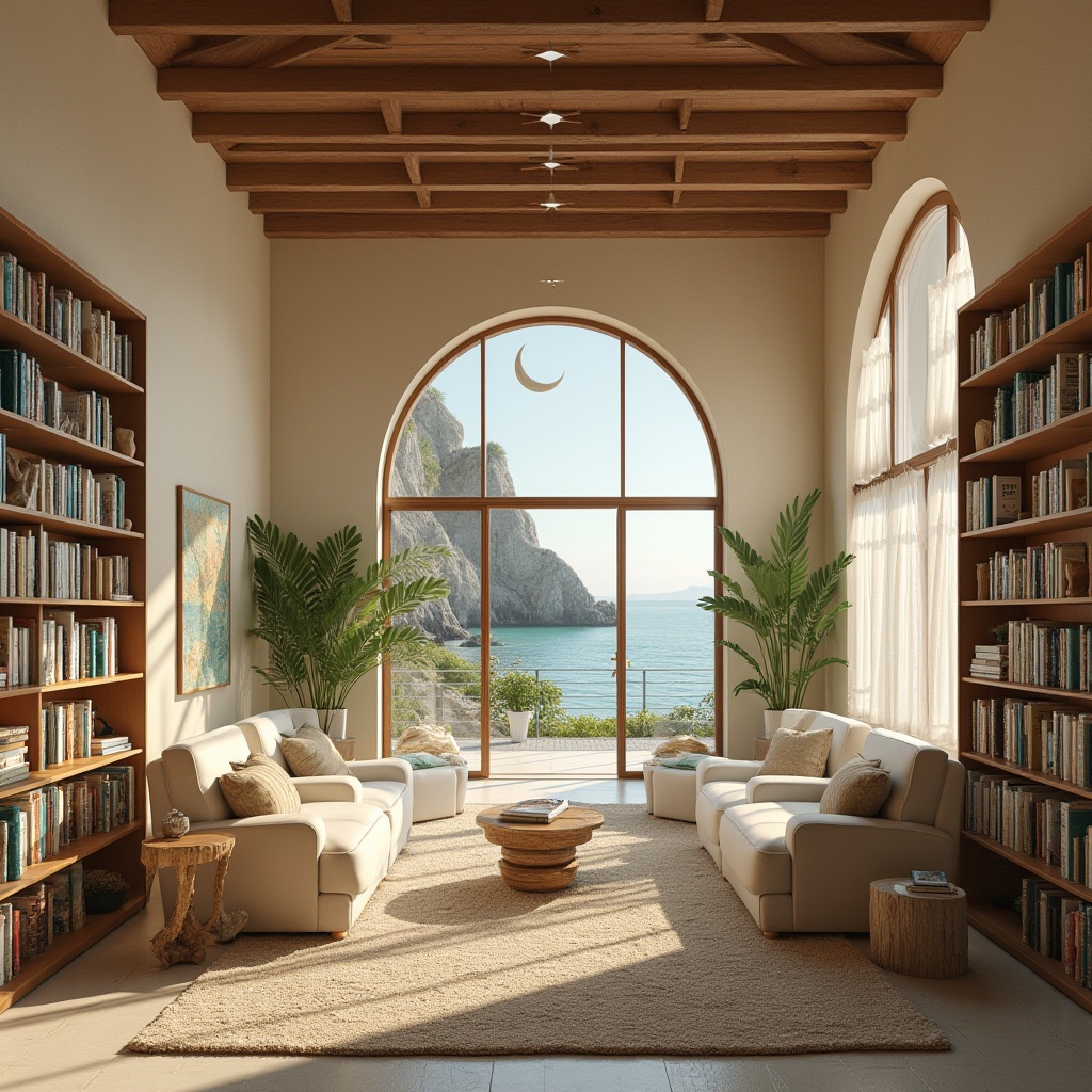 Prompt: Coastal library, quiet atmosphere, warm beige walls, wooden bookshelves, wavy glass windows, driftwood decorative accents, comfy plush armchairs, natural fiber rugs, potted palm trees, soft blue-green lighting, ocean-inspired artwork, minimal ornamentation, spacious reading areas, panoramic sea views, subtle salty scent, gentle sea breeze sound effects, 3/4 composition, shallow depth of field, warm color tone, serene ambiance.