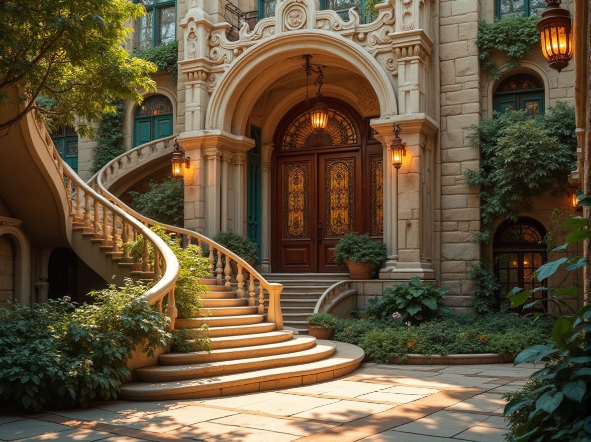 Prompt: Art Nouveau student halls, grand entrance, ornate sandstone facade, intricate carvings, flowing organic lines, curved staircases, elegant lanterns, warm golden lighting, lush greenery, vines crawling up walls, rustic wooden doors, ornate metal gates, cozy reading nooks, stained glass windows, soft afternoon sunlight, dramatic shadows, vibrant turquoise accents.