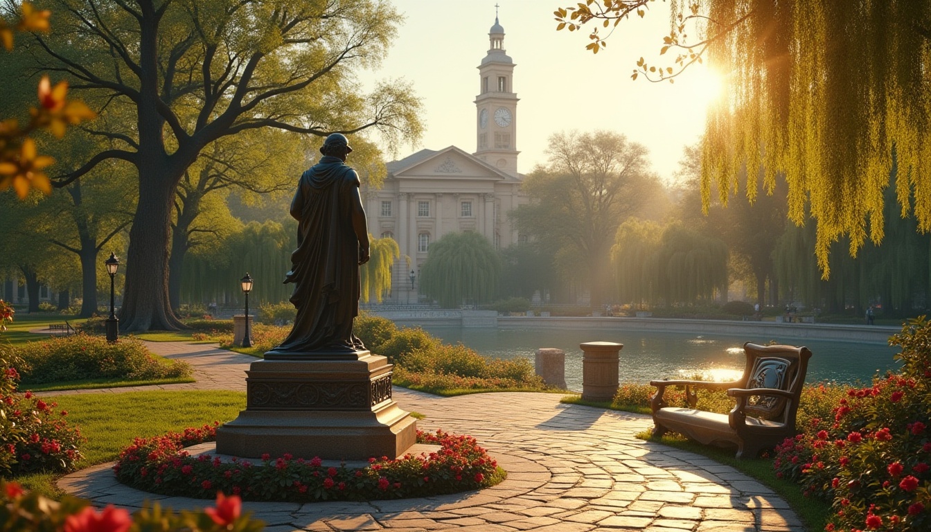 Prompt: Bronze statue, romantic campus, ancient Greece-inspired, intricate details, ornate pedestal, lush greenery surroundings, blooming flowers, sunny afternoon, warm golden light, soft shadows, gentle breeze, serene atmosphere, beautiful arches, stone benches, tranquil pond, walking paths, vibrant flowers, weeping willows, rustic trees, distant clock tower, 3/4 composition, cinematic lighting, high contrast, detailed texture.