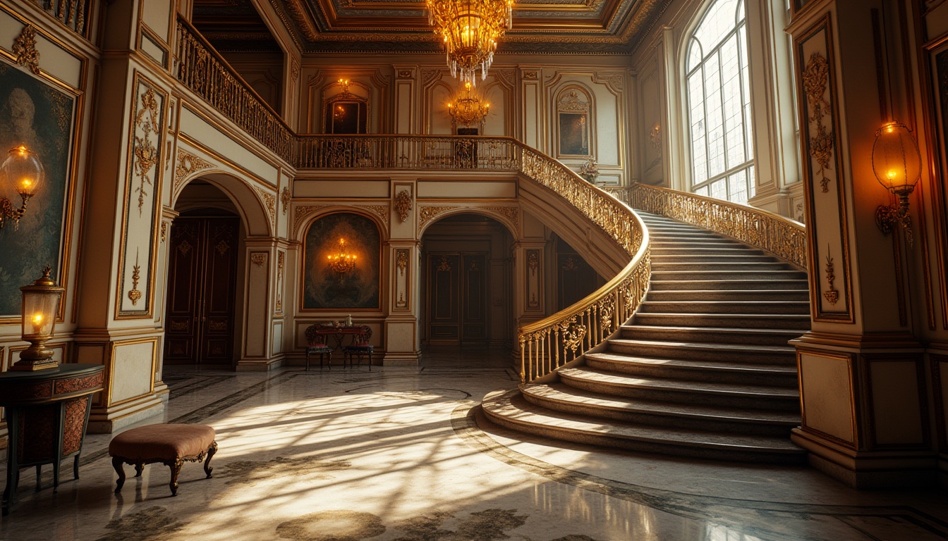 Prompt: Art Deco style, luxurious interior, ornate plaster material, geometric patterns, metallic accents, golden trim, intricate moldings, vintage lamp, marble floor, grand staircase, lavish furnishings, opulent atmosphere, high-contrast lighting, dramatic shadows, 3/4 composition, shallow depth of field, cinematic color palette.