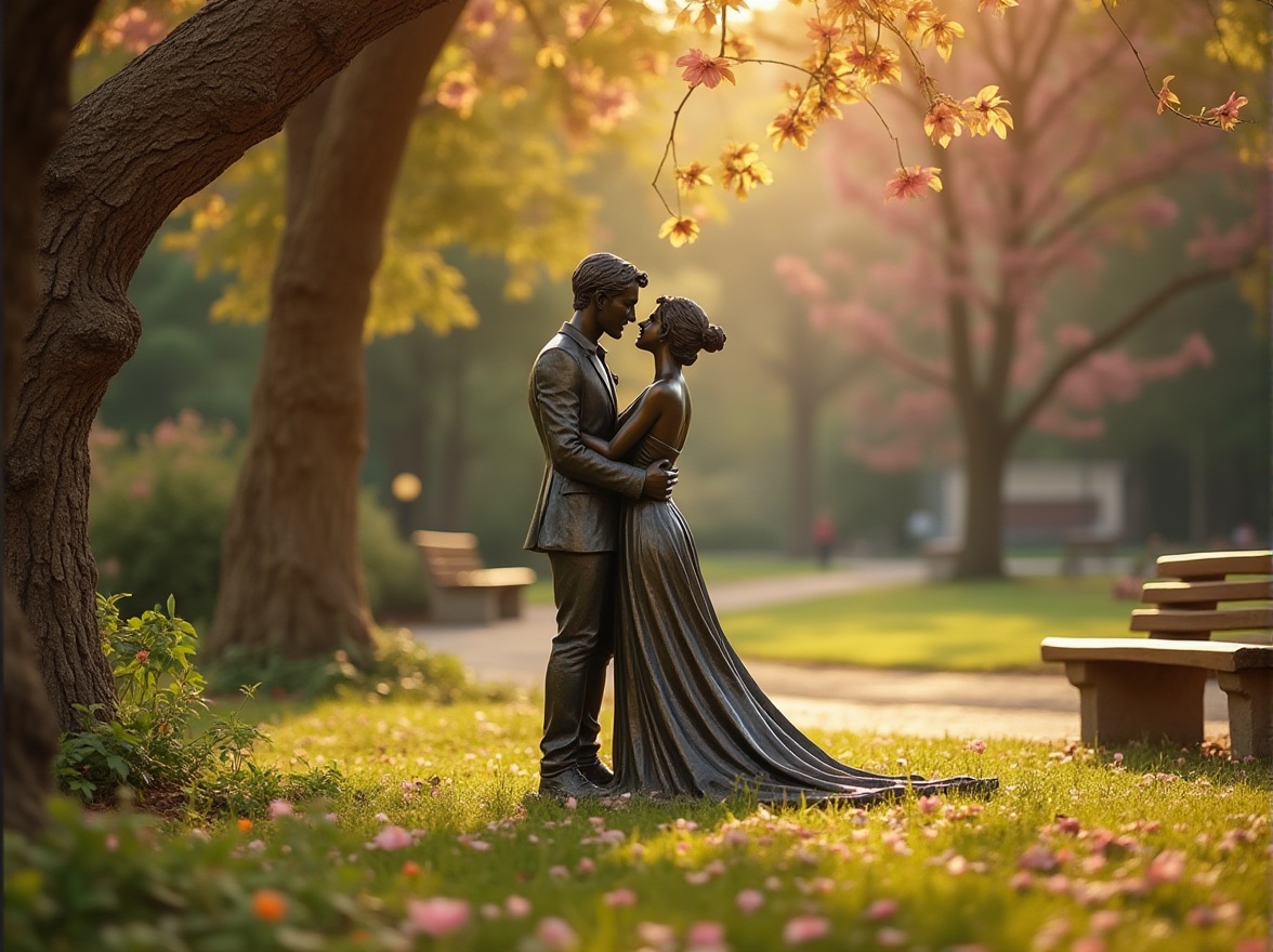 Prompt: Romantic campus scenery, warm afternoon sunlight, bronze statue of a loving couple, tenderly embracing, gentle facial expressions, intricate details on the bronze surface, natural greenery surrounding, blooming flowers at their feet, soft petals scattered around, old tree with twisted branches, wooden benches in the background, distant blurred-out buildings, warm color tone, shallow depth of field, cinematic composition, soft focus, warm lighting.