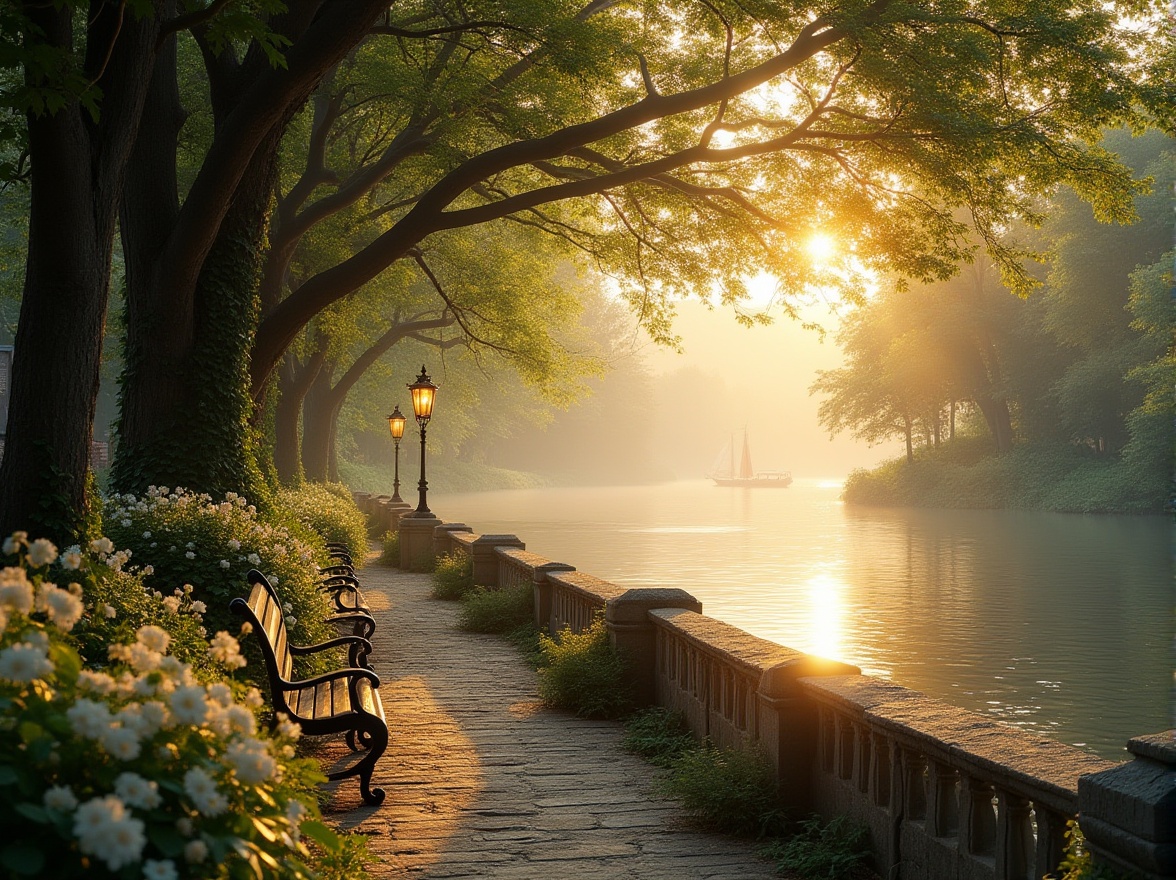 Prompt: Elegant riverbank scene, classicism style, serene atmosphere, warm golden light, soft mist, gentle water ripples, lush greenery, blooming white flowers, vines crawling up stone walls, old wooden benches, ornate iron railings, majestic trees with sprawling canopies, distant sailboats drifting lazily, soft focus, shallow depth of field, warm color palette, cinematic composition, peaceful ambiance, romantic sunset, misty morning, detailed textures.