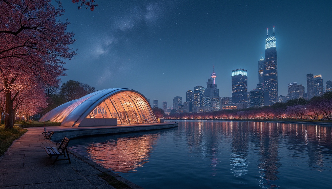 Prompt: Riverbank planetarium, streamline moderne style, futuristic architecture, curved lines, silver metal, glass dome, neon lights, starry night sky, cityscape background, skyscrapers, urban landscape, calm river flowing, walking path alongside, blooming trees, vibrant flowers, benches, romantic atmosphere, soft lighting, cinematic composition, 3/4 view, HDR, wide-angle lens.