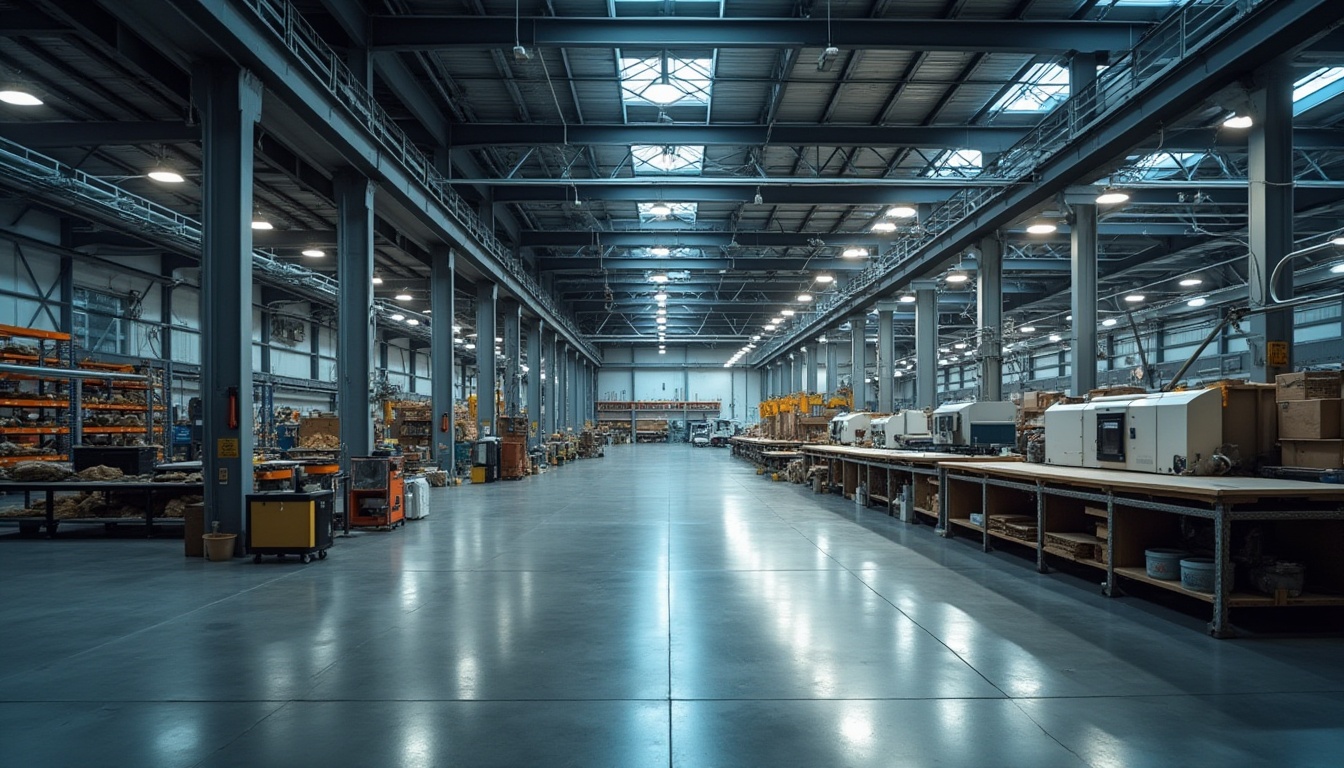 Prompt: Functional industrial area, modern architecture, sleek metal beams, concrete floors, overhead cranes, rows of shelves, storage containers, machinery equipment, LED lighting, minimal decor, steel pipes, industrial-grade materials, functional layout, optimized workflow, 3/4 composition, low-angle shot, dramatic shadows, high-contrast lighting.