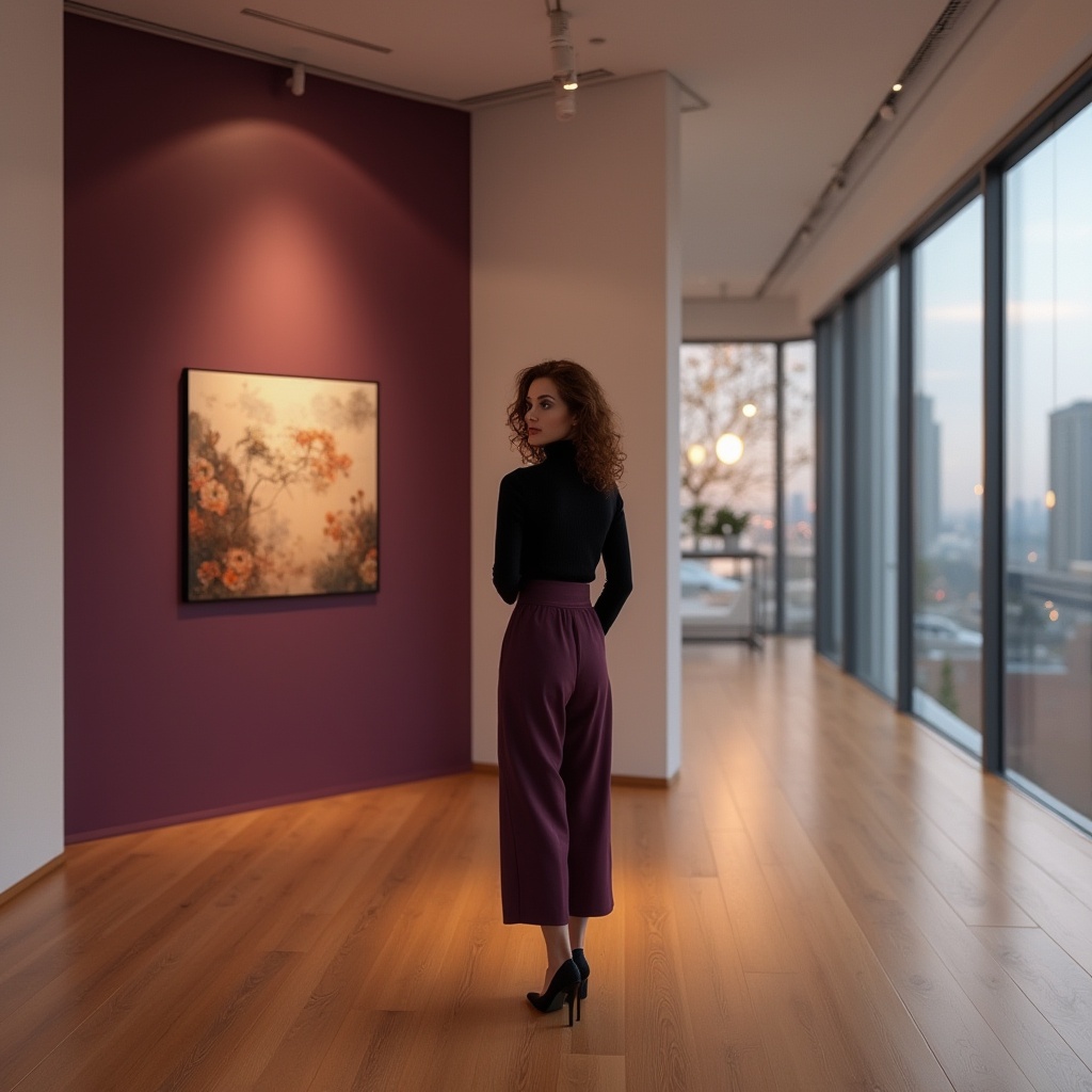 Prompt: Plum color accent wall, modern art gallery, solo exhibition, spotlight on artwork, elegant mature lady, curly brown hair, minimal makeup, black turtle neck sweater, plum color high-waisted pants, stilettos, hands behind back, standing, contemplative, dim warm lighting, wooden floor, white walls, large windows, urban cityscape outside, afternoon sunlight filtering in, shallow depth of field.