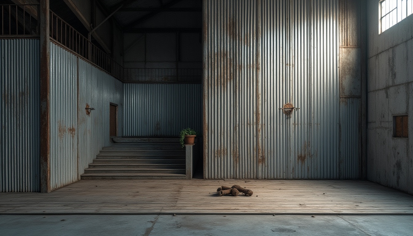 Prompt: Corrugated iron, modern design, industrial chic, silver metallic finish, corrugated texture, angular structure, sleek lines, minimalist aesthetic, urban landscape, cityscape, abandoned factory, distressed walls, rusted metal accents, worn wooden planks, dramatic shadows, high contrast lighting, cinematic composition, atmospheric perspective.