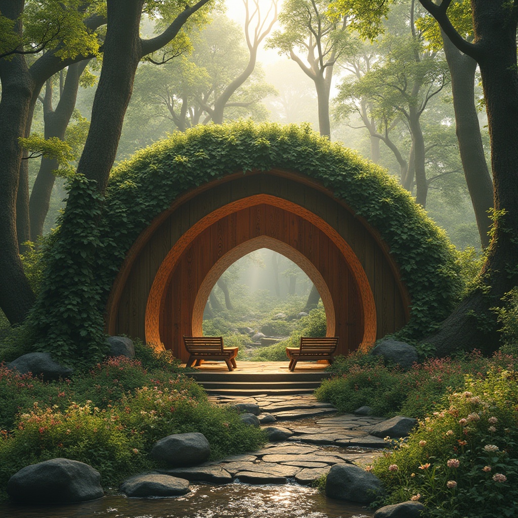 Prompt: Natural forest-inspired pavilion, grand entrance, curved wooden beams, vines entwined columns, soft moss-covered roof, warm lighting, misty atmosphere, surrounded by tall trees, wildflowers blooming around the base, gentle stream running nearby, rustic stone path leading to the entrance, wooden benches scattered throughout, intricate leaf patterns on the walls and floor, earthy tones, natural textures, cozy ambiance, peaceful surroundings, soft sunlight filtering through the leaves, warm afternoon light.