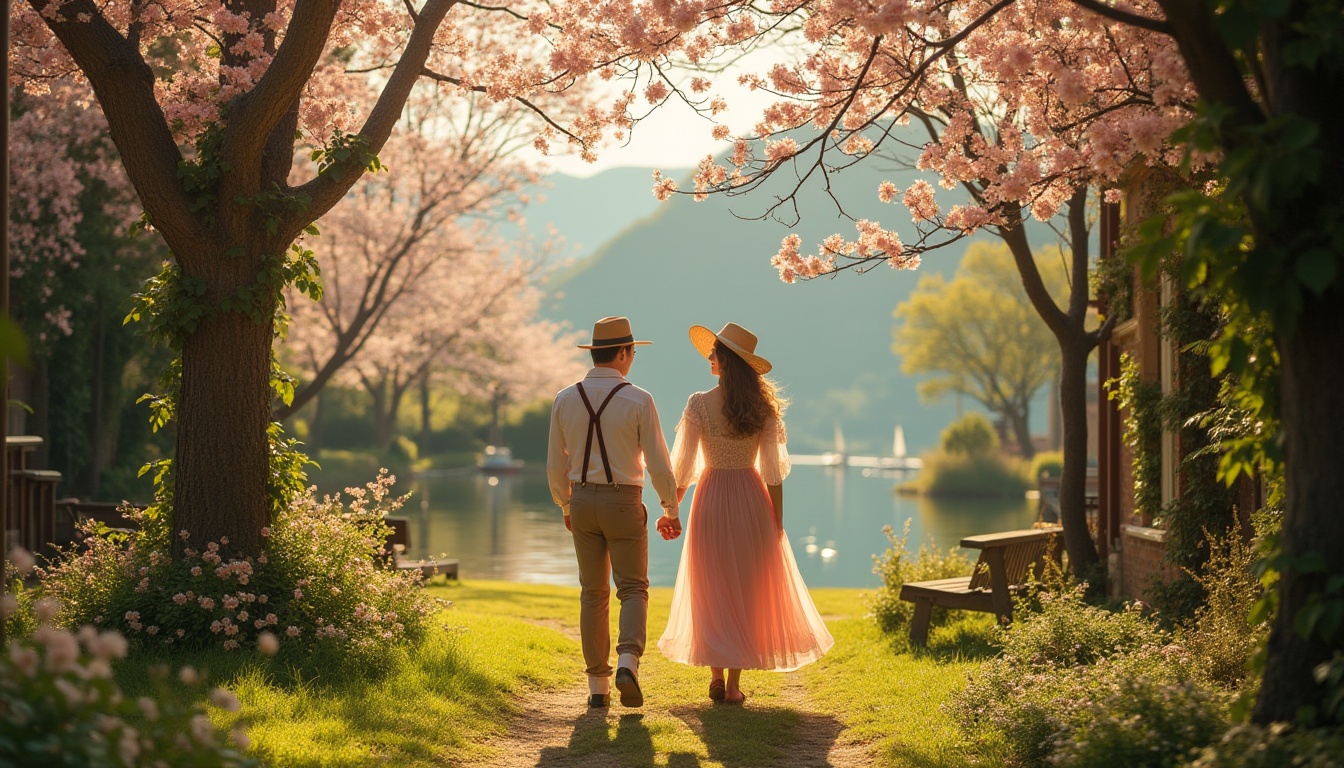 Prompt: Rural campus, romanticism style, warm afternoon sunlight, gentle breeze, lush greenery, blooming cherry blossoms, rustic wooden benches, old brick buildings, ivy-covered walls, tranquil lake in the background, sailboats drifting slowly, misty mountains afar, soft focus, warm lighting, serene atmosphere, nostalgic feel, vintage clothing, flowy dress, straw hat, loose curls, gentle smile, holding hands, walking together, peaceful coexistence with nature.