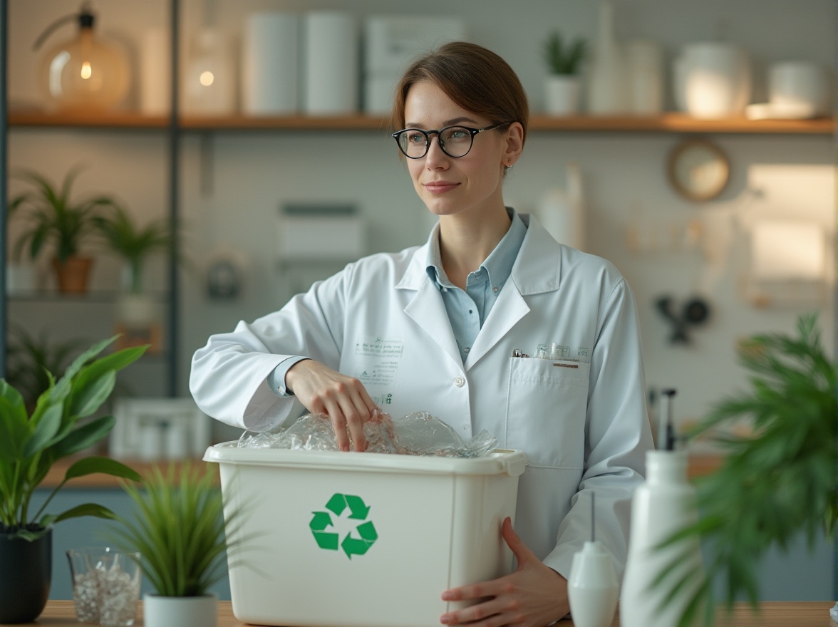 Prompt: Eco-friendly product design, futuristic laboratory setting, modern scientist, 30yo, short hair, glasses, lab coat, holding a recycling bin, surrounded by plastic materials, recycling symbols, green plants, wooden shelves, minimal decor, natural light, warm color tone, shallow depth of field, close-up shot, highlighting the details of recycled plastics.