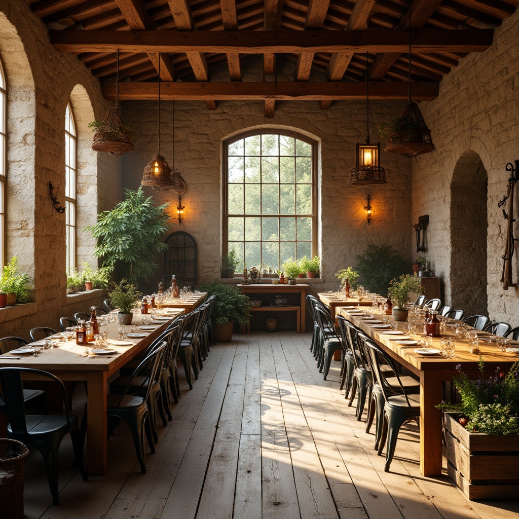 Prompt: Rustic dining hall, wooden tables, vintage metal chairs, distressed finishes, earthy tones, stone walls, exposed beams, lantern lighting, farmhouse decor, natural textiles, woven baskets, potted plants, wooden crates, vintage agricultural tools, soft warm lighting, cozy atmosphere, morning sunlight, panoramic view, 3/4 composition, shallow depth of field.