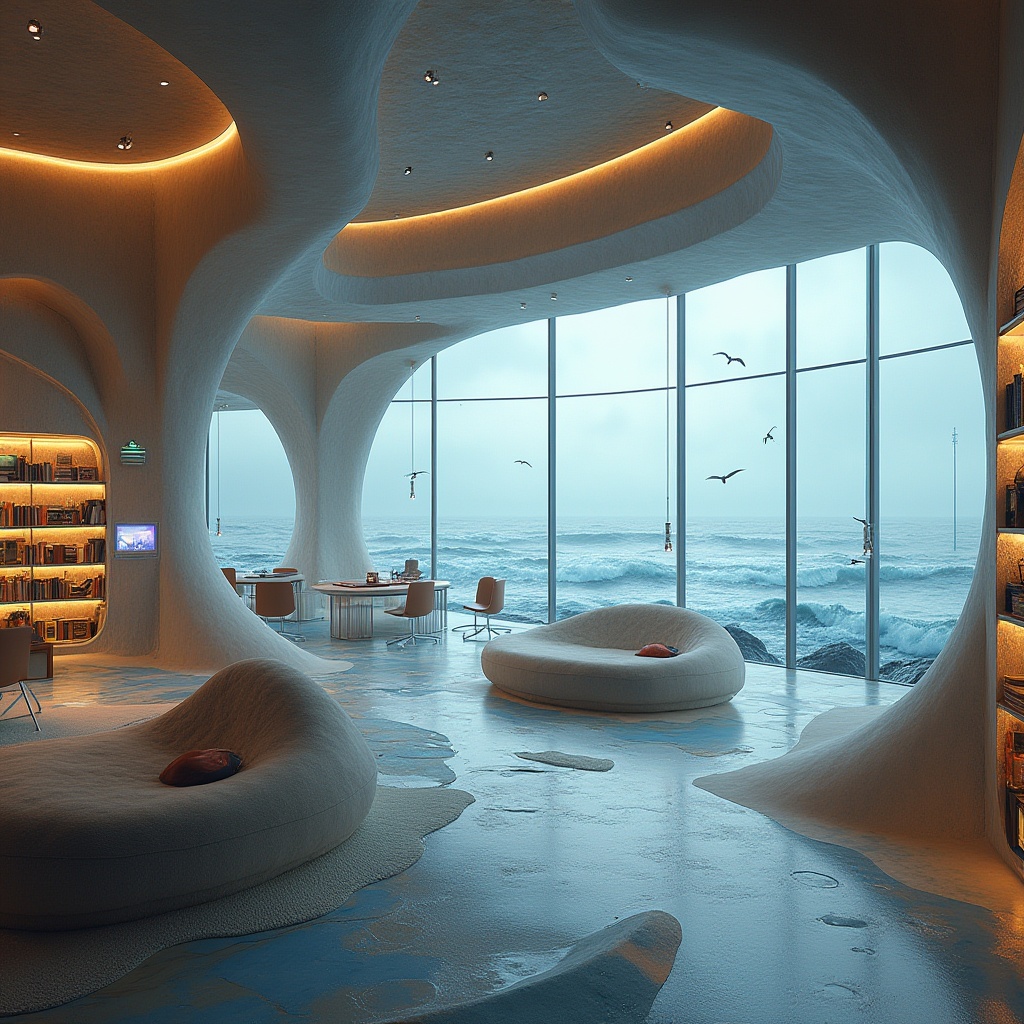 Prompt: Futuristic coastal library, embracing sand materials, curved glass walls, steel beams, minimalist shelves, holographic book displays, sandy dunes-inspired architecture, waves-patterned flooring, ocean-blue accents, LED lighting, 3/4 composition, low-angle shot, dramatic shadows, warm ambient glow, soft focus on the background, futuristic reading pods, ergonomic chairs, sand-textured tables, virtual reality headsets, floor-to-ceiling windows overlooking a turbulent sea, misty atmosphere, seagulls flying outside.