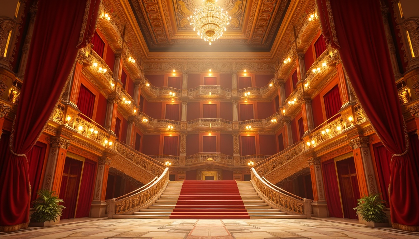 Prompt: Grand opera house, luxurious interior, vibrant orange accents, intricate golden ornaments, marble floors, majestic staircase, red velvet curtains, ornate chandeliers, Baroque architecture, warm soft lighting, dramatic spotlights, evening scene, 3/4 composition, shallow depth of field.