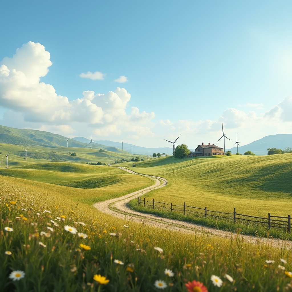 Prompt: Rustic countryside scene, integrating farmland into modern design, sleek lines, minimalist architecture, vast open fields, rolling hills, green pastures, tractor tracks, farmhouse in distance, wind turbines, solar panels, wooden fences, wildflowers blooming, sunny day, clear blue sky, fluffy white clouds, natural textures, earthy tones, 3/4 composition, shallow depth of field, warm lighting.