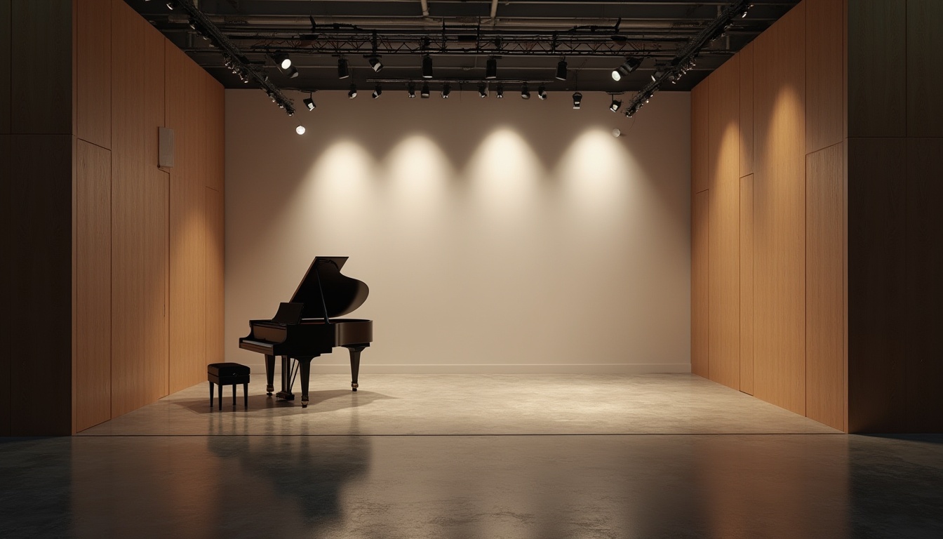 Prompt: Simple music venue, minimalistic interior design, plain white walls, polished concrete floor, sparse audience seating, few spotlights, industrial metal beams, wooden acoustic panels, black grand piano, solo performer, spotlight shining down, intimate atmosphere, low-key ambiance, warm color tones, soft shadows, 3/4 composition, cinematic lighting, natural textures, urban setting, evening scene.