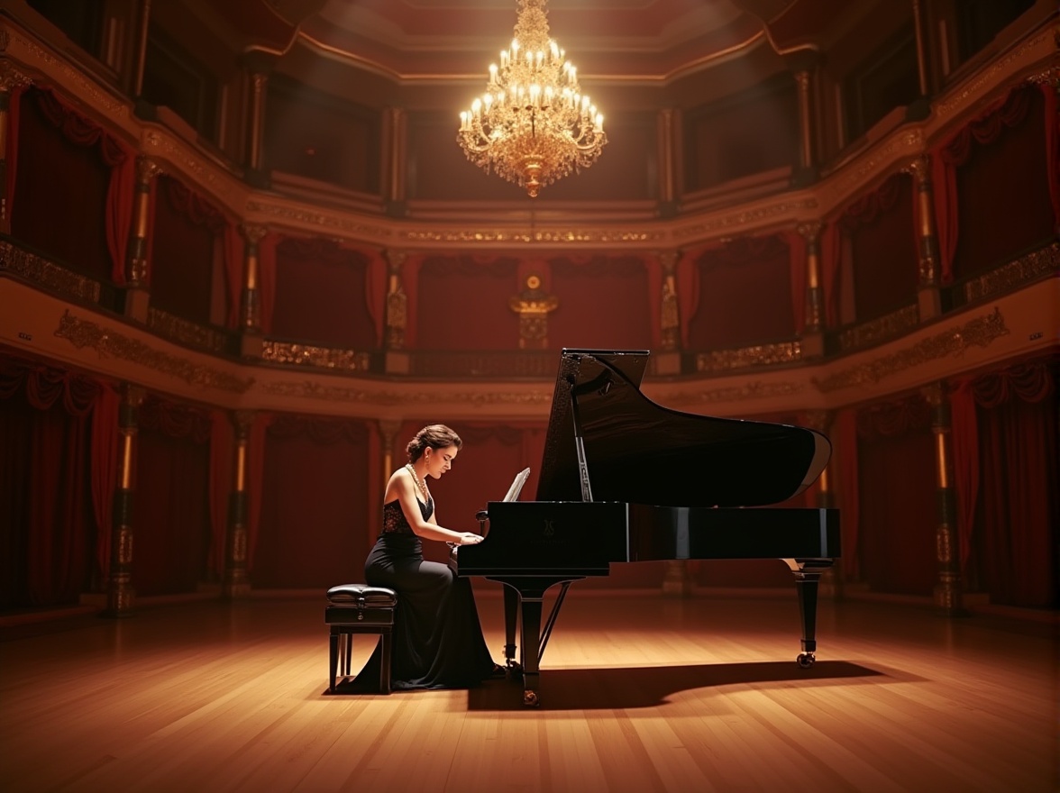 Prompt: Indoor concert hall, grand piano center stage, elegant chandelier, luxurious red velvet curtains, polished wooden floor, ornate golden balconies, soft warm spotlight, 3/4 composition, intimate atmosphere, mature lady pianist, formal evening gown, pearl necklace, upswept hair, subtle makeup, solo performance, dramatic dynamic lighting.