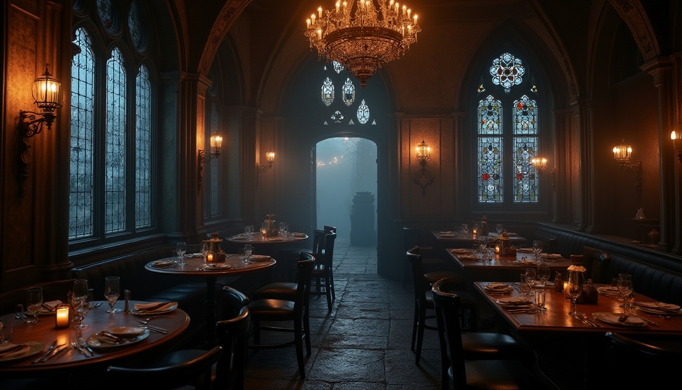 Prompt: Gothic style restaurant, dimly lit, luxurious atmosphere, corrugated metal walls, dark wooden accents, stained glass windows, grand chandelier, intricate stone carvings, mysterious ambiance, foggy night, cityscape, old town, narrow alleyway, abandoned factories, industrial heritage, dramatic lighting, cinematic composition, high contrast, low key, dark academia, mysterious scholar.