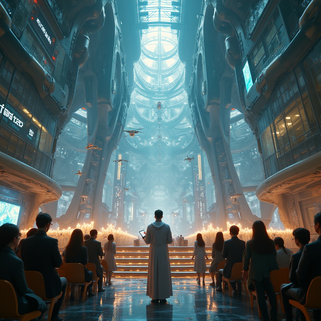 Prompt: Metabolism style church, futuristic architecture, intricate metallic structure, glass walls, neon lights, cyberpunk atmosphere, cityscape background, Tokyo or Seoul-inspired metropolis, bustling streets, pedestrians in futuristic attire, holographic advertisements, drones flying by, priest in futuristic robe, holding a tablet with sacred texts, standing at the altar, surrounded by levitating candles, soft ethereal lighting, high contrast, cinematic composition, wide-angle shot.