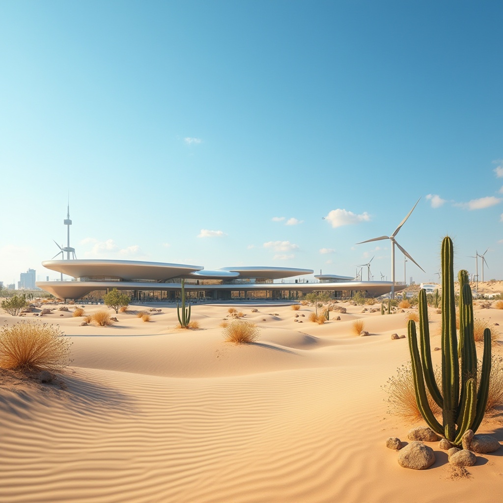 Prompt: Desert landscape, sandy dunes, cactus plants, hot sunny day, clear blue sky, vast open space, modern futuristic architecture, sleek metal buildings, reflective glass surfaces, angular lines, minimalist design, sustainable energy solutions, solar panels, wind turbines, water conservation systems, green roofs, eco-friendly materials, innovative cooling technologies, shaded outdoor spaces, misting systems, Arabic-inspired patterns, vibrant colorful textiles, intricate geometric motifs.