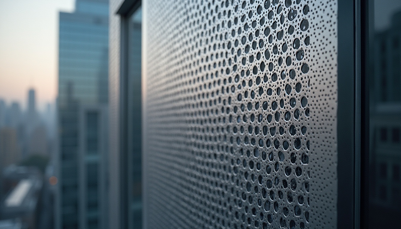 Prompt: Modern perforated metal, industrial chic, silver-gray tone, intricate holes pattern, metallic sheen, sleek texture, urban setting, cityscape background, skyscraper, minimalist composition, low-angle shot, dramatic lighting, spotlight effect, 3/4 view, detailed close-up.