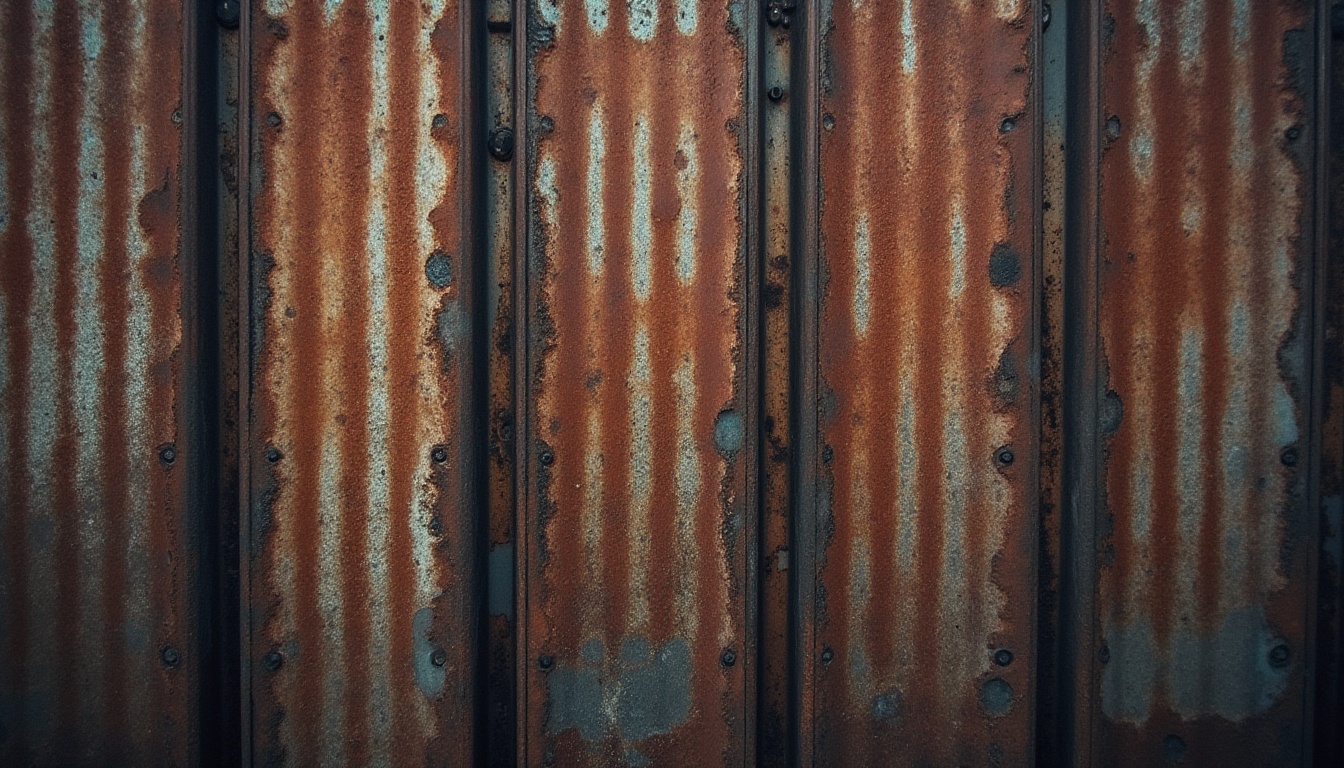 Prompt: Modern corrugated iron, industrial chic, metal texture, rusted finish, weathered appearance, distressed look, architectural element, building facade, urban landscape, cityscape, brutalist style, geometric pattern, repeating rhythm, linear composition, strong shadows, high contrast, dramatic lighting, low-angle shot, cinematic mood.