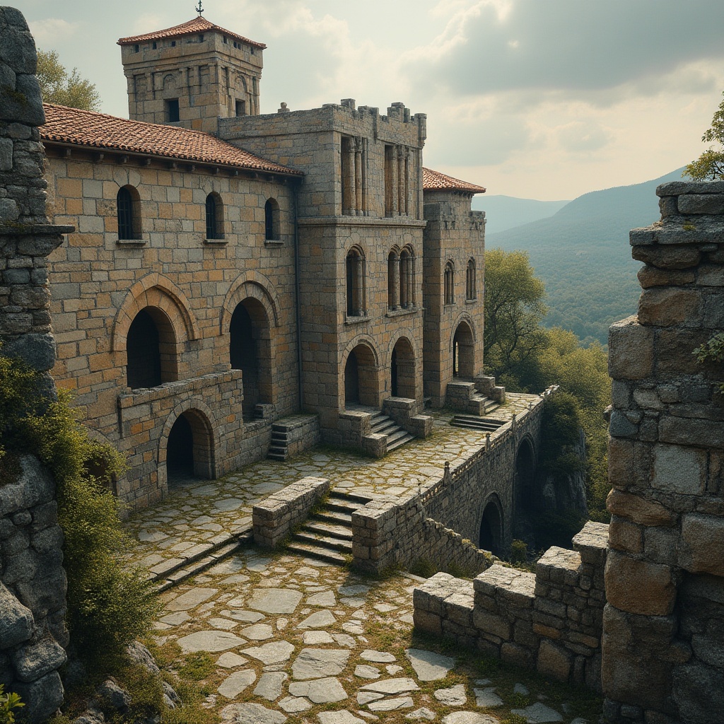 Prompt: Romanesque architecture, masonry materials, stone walls, granite blocks, carved arches, ornate columns, Gothic influences, rustic textures, weathered effects, medieval ambiance, European countryside, rolling hills, overcast skies, soft warm lighting, cinematic composition, dramatic shadows, detailed stonework, intricate carvings.