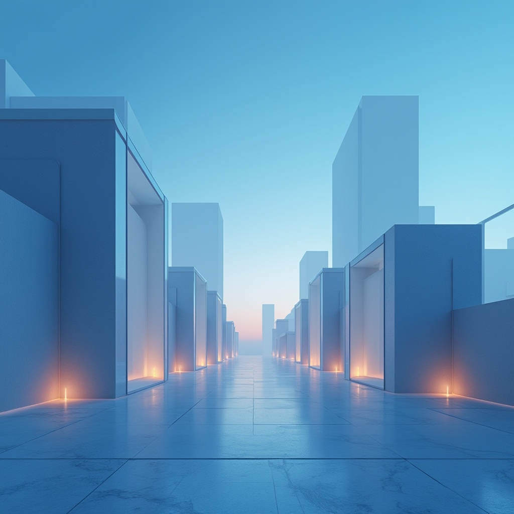 Prompt: calm atmosphere, sky blue background, modern minimalist style, abstract geometric shapes, smooth gradient effects, bright accents, subtle textures, sleek lines, futuristic ambiance, urban skyscraper setting, cityscape at dusk, warm LED lighting, 3/4 composition, shallow depth of field, vibrant contrast, HDR rendering.