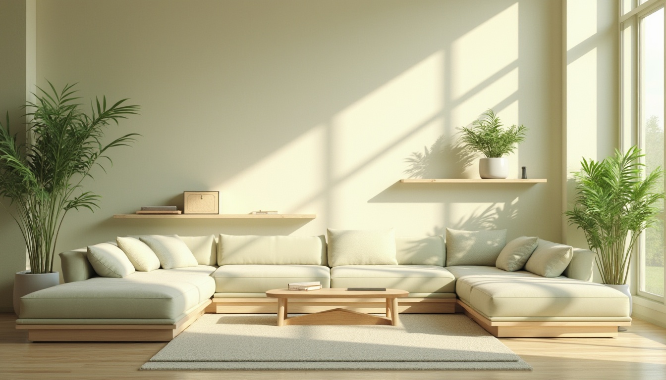 Prompt: Pastel green, gentle glow, minimalist modern interior, living room, sofa, coffee table, plants on shelf, soft cushions, warm beige walls, natural wood floor, large windows, bright daylight, morning sunbeams, gentle shadows, elegant lines, subtle texture, calm atmosphere, soft focus, shallow depth of field.