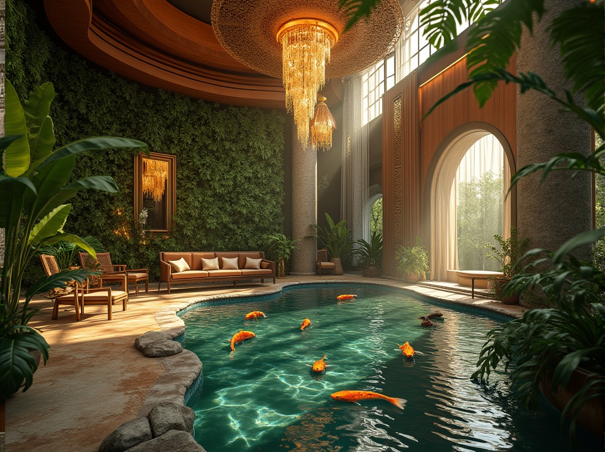 Prompt: Luxurious casino interior, natural elements fusion, grand chandeliers, lavish green walls, tropical plants, water features, Koi pond, wooden accents, stone columns, elegant curtains, soft warm lighting, morning dew, fresh air, serene ambiance, 3/4 composition, shallow depth of field, cinematic mood, vibrant colors, abstract patterns.