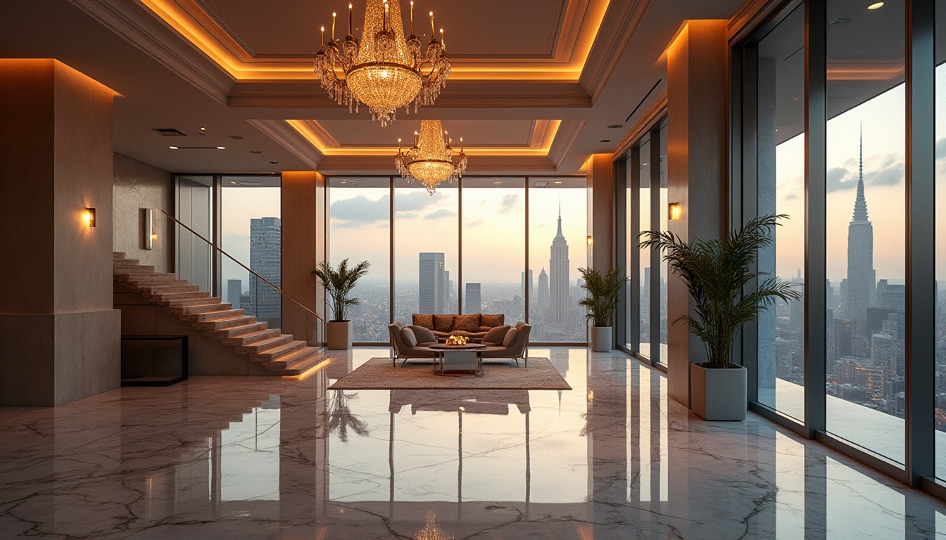 Prompt: Modern architectural interior, lavish materials, sleek lines, luxurious decor, high-end furniture, marble floors, crystal chandeliers, grand staircase, floor-to-ceiling windows, cityscape view, metropolitan skyscraper, urban landscape, evening ambiance, soft golden lighting, atmospheric haze, cinematic composition, wide-angle lens.