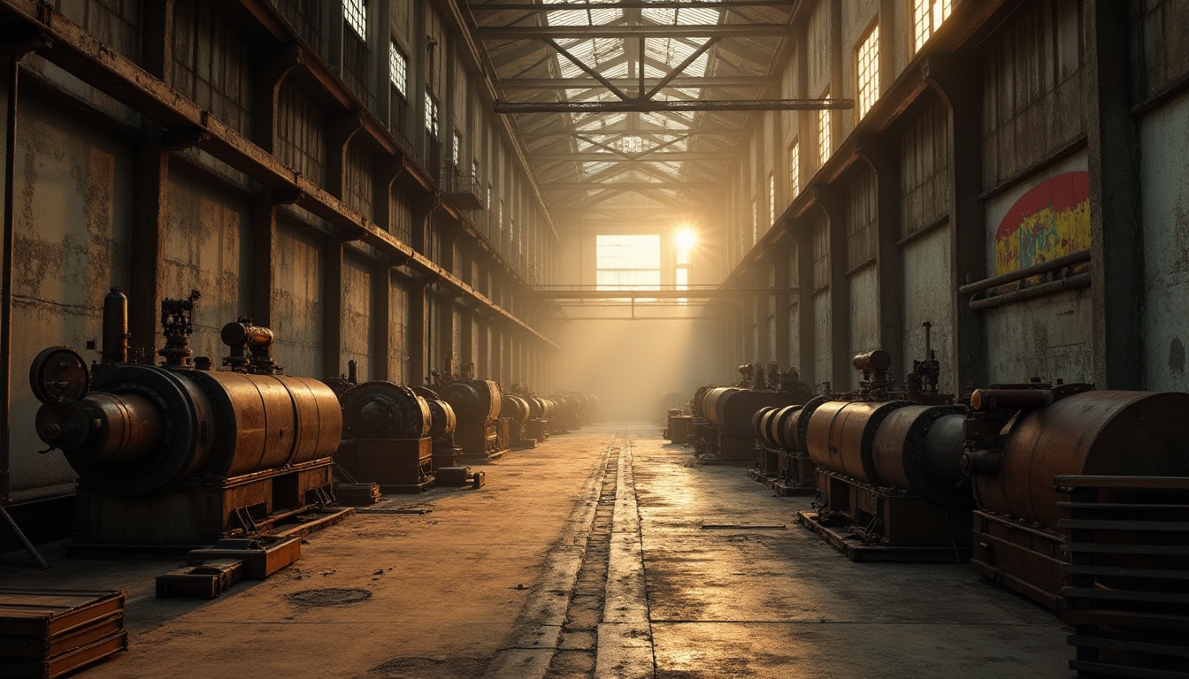 Prompt: Industrial area, warm wheat color tone, abandoned factory, rusty machines, worn concrete floor, old wooden crates, steel beams, dim natural light, soft warm lighting, atmospheric mist, subtle dust particles, 3/4 composition, low-angle shot, urban decay, distressed textures, weathered metal, vintage industrial elements.