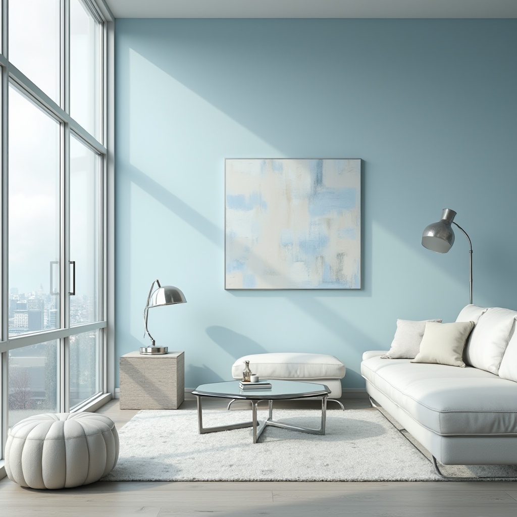 Prompt: Modern minimalistic interior, baby blue accent wall, sleek lines, minimalist furniture, glass coffee table, white leather sofa, chrome floor lamp, abstract art piece, large windows, city skyline view, cloudy day, soft natural light, 3/4 composition, shallow depth of field, pastel color palette, Scandinavian design inspiration, calm atmosphere, relaxation ambiance.