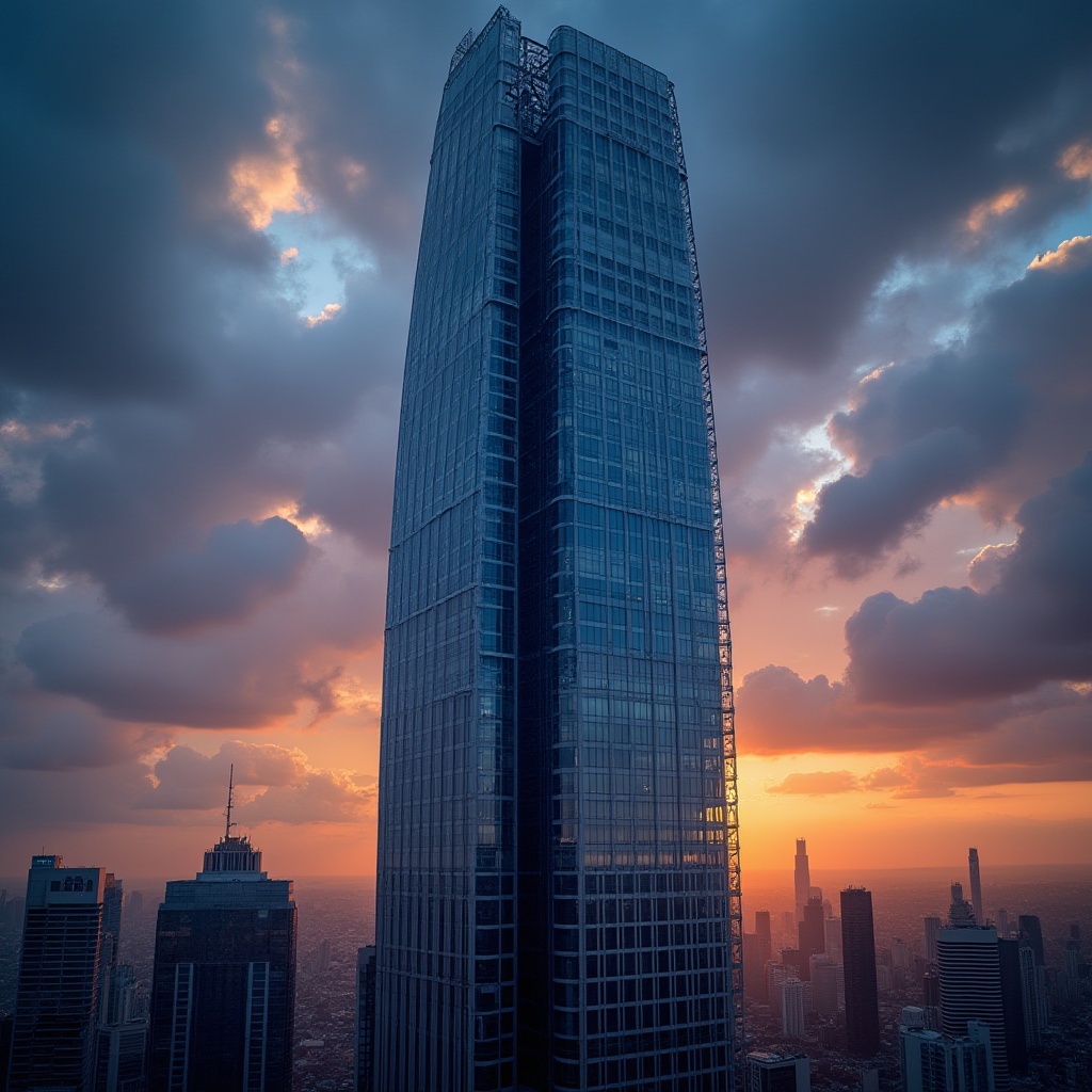 Prompt: Navy blue skyscraper, bold architectural design, modern metropolis, cityscape, sunset view, gleaming glass windows, sleek metal framework, towering heights, majestic atmosphere, dramatic clouds, low-angle shot, cinematic composition, high-contrast lighting, vibrant colors, urban landscape.