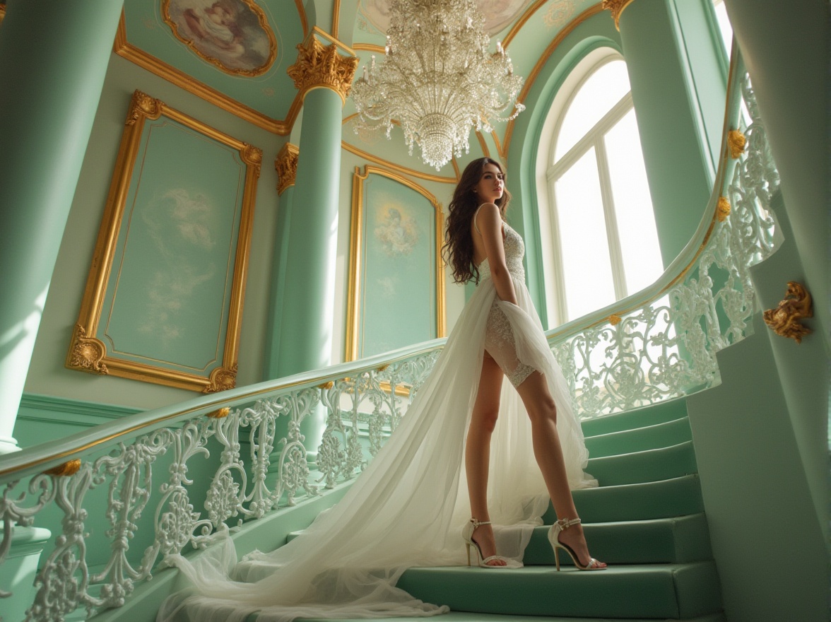 Prompt: Mint color accents, ornate gold frames, luxurious velvet fabrics, intricate lace details, modern Renaissance-inspired architecture, grand staircase, majestic columns, crystal chandelier, fresco ceiling, soft natural light, elegant lady, 25yo, slender figure, wavy long hair, pearl necklace, flowing white dress, high heels, posing on stairs, dramatic composition, cinematic lighting, warm atmosphere.