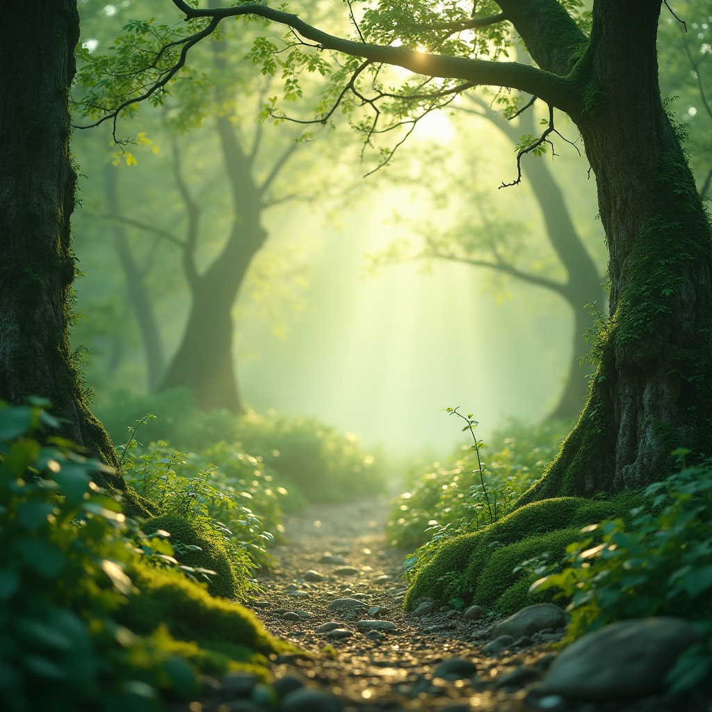 Prompt: pastel light green, calming ambiance, natural scenery, forest surroundings, gentle mist, soft sunbeams, dew drops on leaves, delicate vines, intricate tree branches, moss-covered stones, serene atmosphere, 3/4 composition, warm lighting, shallow depth of field, vibrant foliage, lush greenery, peaceful environment.