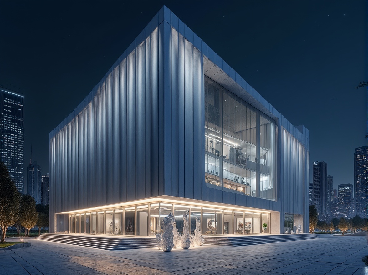 Prompt: Luxurious modern building, silver metallic façade, sleek lines, minimalist design, urban cityscape, nighttime, bright LED lights, reflections on glass windows, polished marble floors, elegant staircase, abstract sculptures, upscale atmosphere, futuristic ambiance, 3/4 composition, low-angle shot, dramatic lighting, cinematic mood, high-contrast tone.