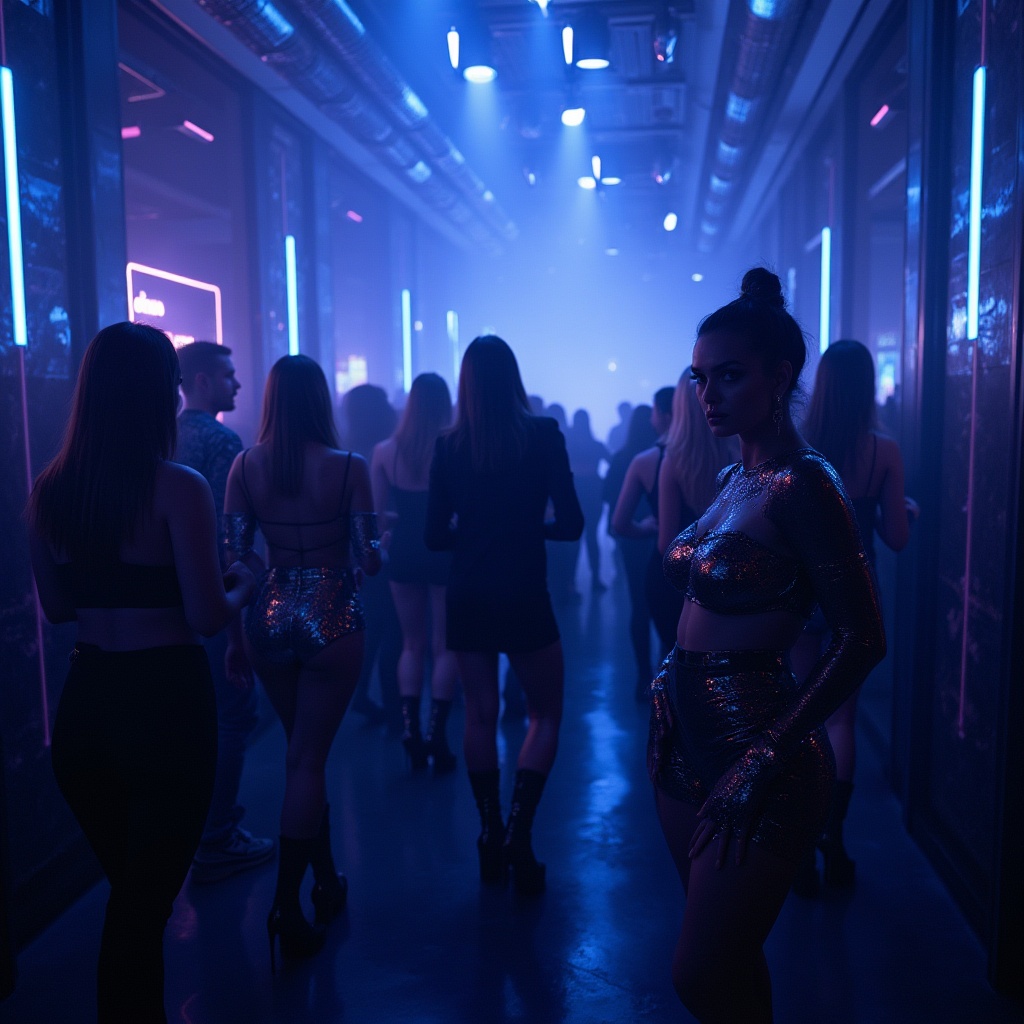 Prompt: Dark nightclub interior, neon lights, Prussian blue accents, futuristic metallic walls, glossy floor, DJ booth, strobe lights, fog machines, dance floor, party crowd, fashionable clubbers, trendy hairstyles, bold makeup, shiny outfits, glittering accessories, low-angle shot, dramatic lighting, intense atmosphere, avant-garde composition.