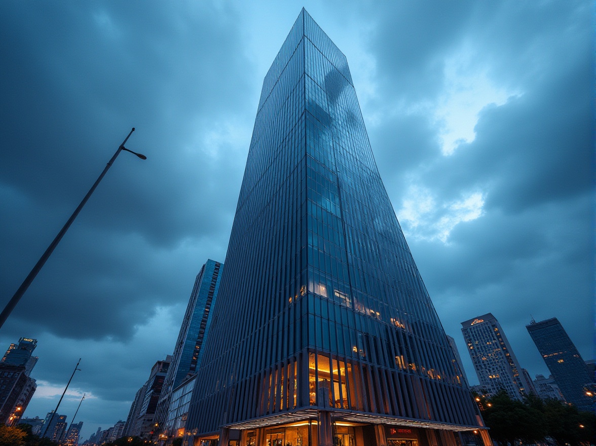 Prompt: Modern skyscraper, navy blue glass facade, sleek lines, metallic accents, bold architecture, urban cityscape, cloudy sky, dramatic lighting, low-angle shot, geometric composition, reflective surface, steel frame, angular shape, contemporary design, city lights, busy streets, evening atmosphere.