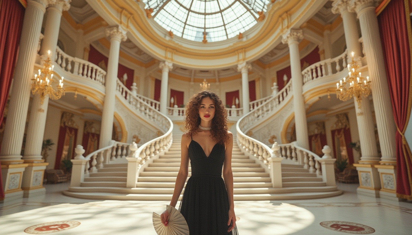 Prompt: Grand pavilion, Renaissance style, ornate decorations, intricate carvings, symmetrical architecture, domed roof, white marble columns, grand staircase, luxurious chandeliers, lavish furnishings, velvet drapes, golden accents, elegant ladies, solo, (25yo), curly brown hair, pearl necklace, red lipstick, black evening gown, high heels, holding a fan, standing, panoramic view, natural light pouring in, soft focus, warm color tone, cinematic composition.