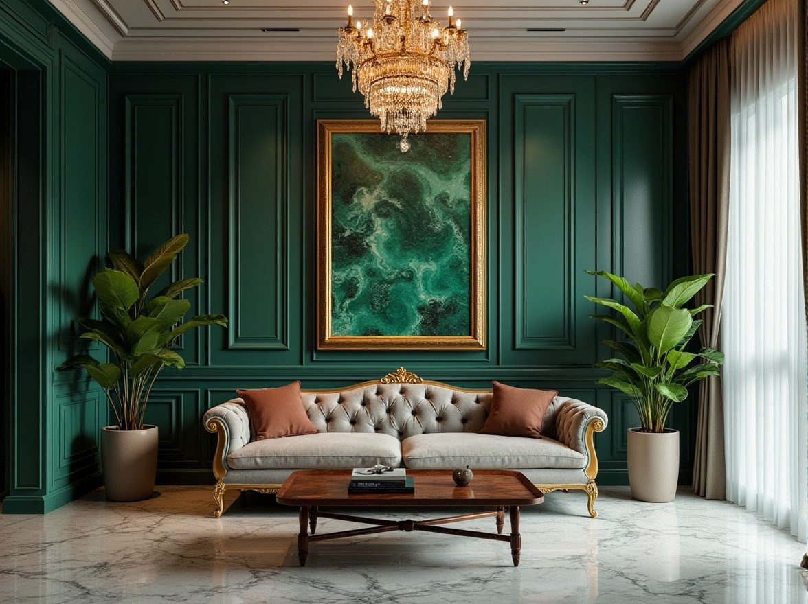 Prompt: Luxurious interior design, malachite green accent wall, marble floor, golden ornate frame, velvet sofa, crystal chandelier, rich wood coffee table, exotic plants, elegant curtains, high-end decorative accessories, warm softbox lighting, shallow depth of field, cinematic composition, 3/4 angle shot.