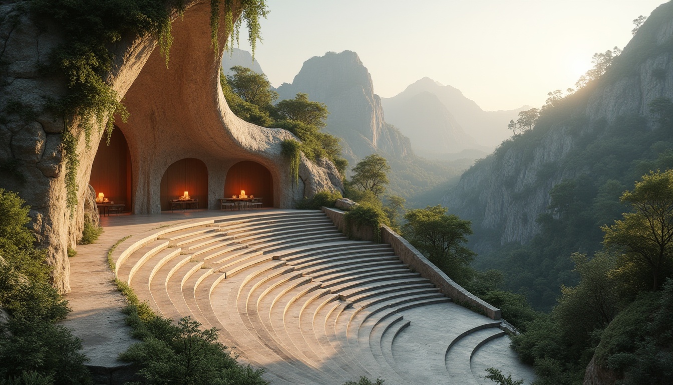 Prompt: Organic architecture, amphitheater, futuristic, curved lines, wavy structures, natural materials, stone walls, wooden accents, lush greenery, vines crawling up pillars, open-air seating, grand staircase, sweeping arches, soft evening light, warm ambient glow, subtle mist, majestic mountains in the distance, panoramic view, 3/4 composition, cinematic lighting.