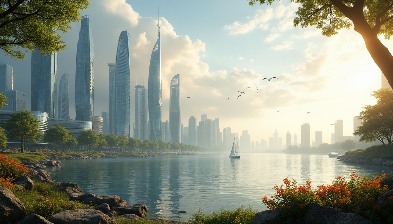 Prompt: Lakefront skyscrapers, modern architecture, futuristic design, sleek glass, steel beams, angular lines, lush greenery, overhanging trees, vibrant flowers, tranquil lake waters, sailboats drifting, seagulls flying overhead, misty morning atmosphere, warm golden lighting, panoramic view, low-angle shot, 3/4 composition, dramatic clouds, soft focus background.