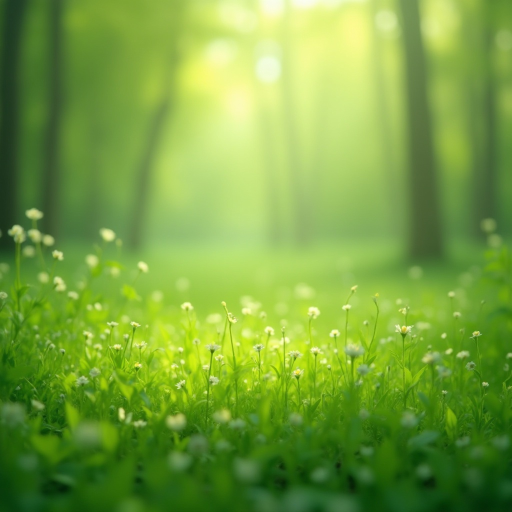 Prompt: Light green color, natural aesthetics, soft grass, subtle shine, gentle curves, delicate petals, leafy trees, misty forest, morning dew, warm sunlight, serene atmosphere, vibrant flowers, tender shoots, soothing ambiance, calming composition, shallow depth of field, pastel hues, dreamy quality, peaceful environment.